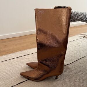Metallic Copper Knee-High Pointed Toe Boots